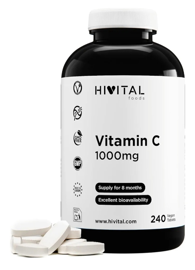 Vitamina C 1000 mg. 240 comprimidos para 8 meses de tratamiento. Vitamina C pura elaborada con un 97% de Ácido Ascórbico. Apto para Veganos. Fabricado en España por HIVITAL
