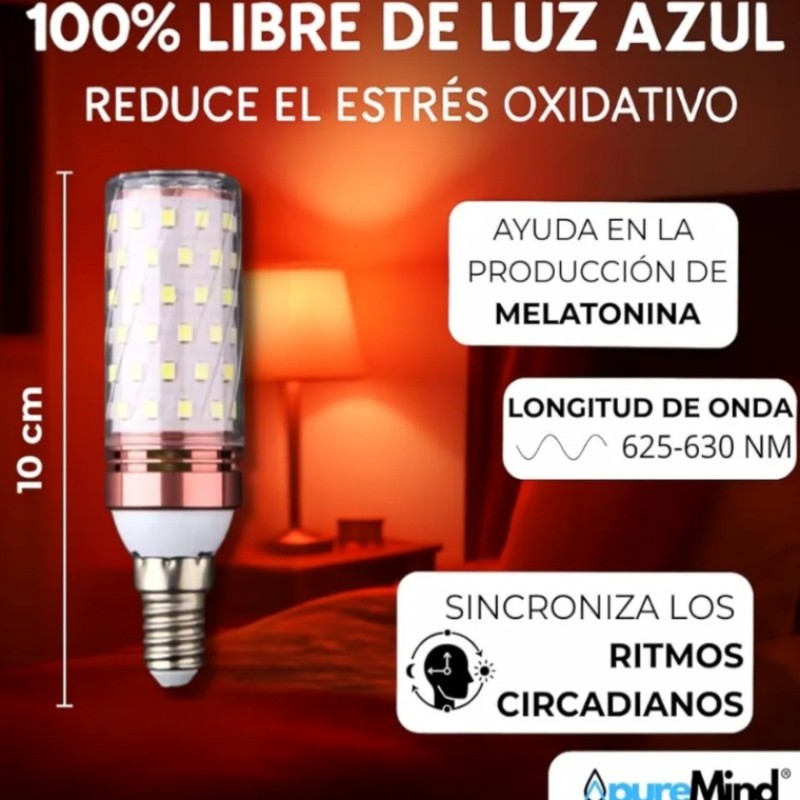 Bombilla Roja Terapia para Dormir Puremind Luz Roja Nocturna Melatonina E14 - Tecnología Flicker Free + 0% Luz Azul + Rosca Estándar + Mejora del Ritmo de Descanso